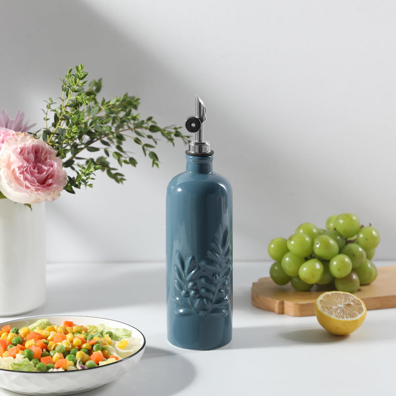 Sweejar 18 Oz Oil Dispenser for Kitchen with Gravity Spout, Ceramic Olive Oil Dispenser Bottle, Relief Opaque Vinegar Container for Evoo, Vinegar, Soy Sauce, Pack of 1(Fogblue, Silver Spout) Fog Blue 18 Oz(Silver Spout)