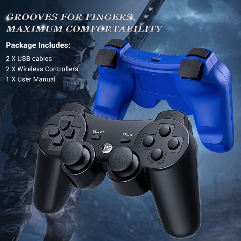OKHAHA Controller 2 Pack for PS3 Wireless Controller for Sony Playstation 3, Double Shock 3, Bluetooth, Rechargeable, Motion Sensor, Remote for PS3 (No Stripes(Black + Blue)) No Stripes(Black + Blue)