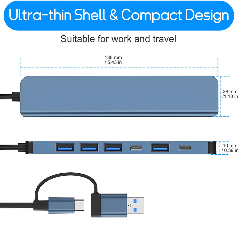 USB Hub 3.0,USB C hub,USB hub with USB C Multiport Adapter, USB Splitter with 1xUSB 3.0,4xUSB2.0,2 x USB C,USB c hub for MacBook Pro/PC/Laptop/Tablet Devices (Grey 7in1)