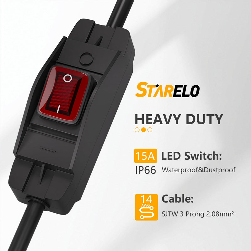 STARELO Extension Cord with ON/Off Near Waterproof Switch,Extension Cord with Switch 3-Prong Outdoor 1875W,Black Heavy Duty, 14/3 SJTW 15A 125V Grounded Plug Receptacle.(10FT,Black) 10FT