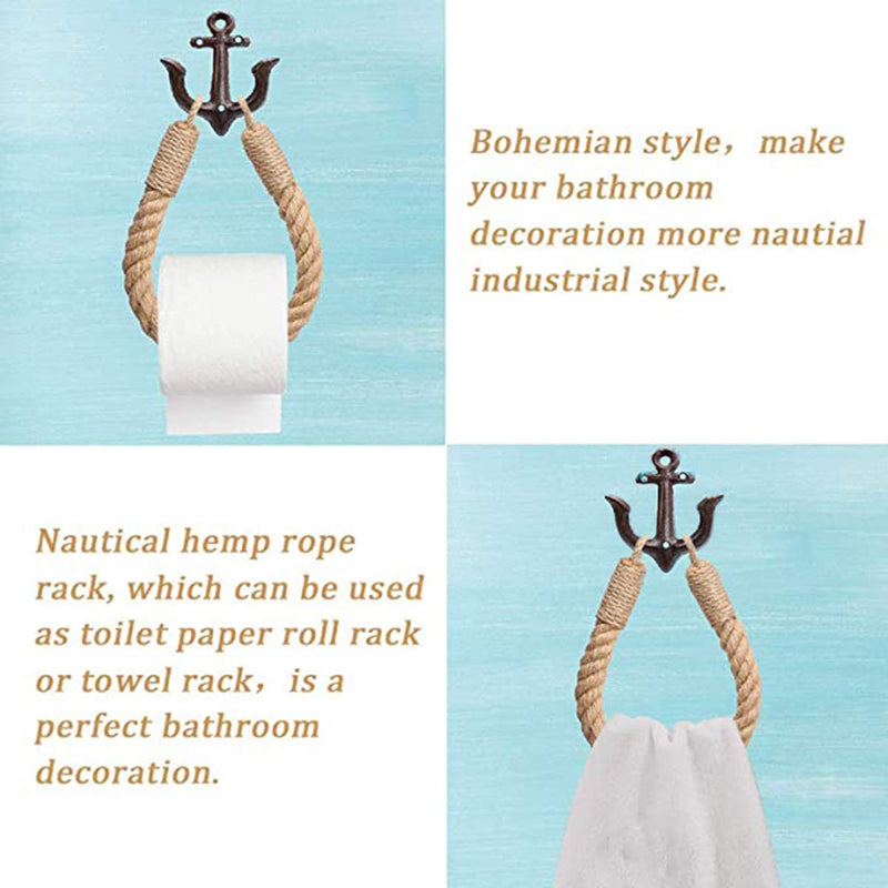Nautical Anchor Toilet Paper Holder Rustic Industrial Wall-Mounted Towel Ring with Metal Hook for Bathroom Decor (Black) Black