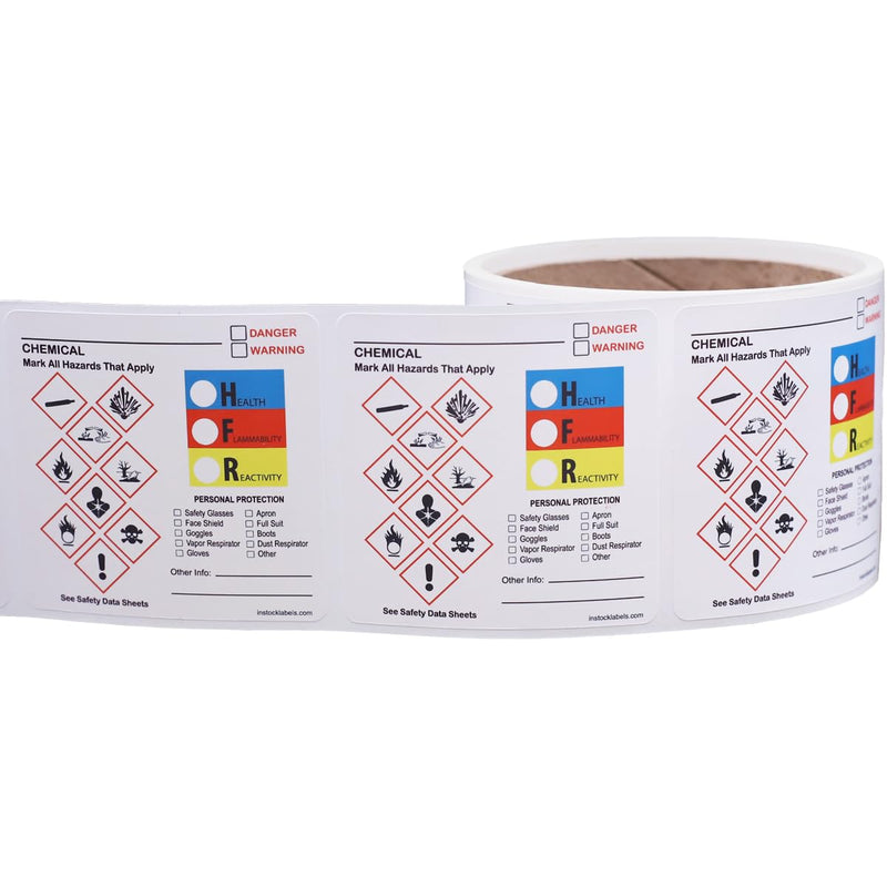 Safety Data Sheet GHS Hazard Labels with PPE Info, Chemical DOT Hazmat Stickers, 2.5 Inch Square, 100 Total Labels per Roll - Ideal for Labs, Warehouses, Manufacturing, and Chemical Processing