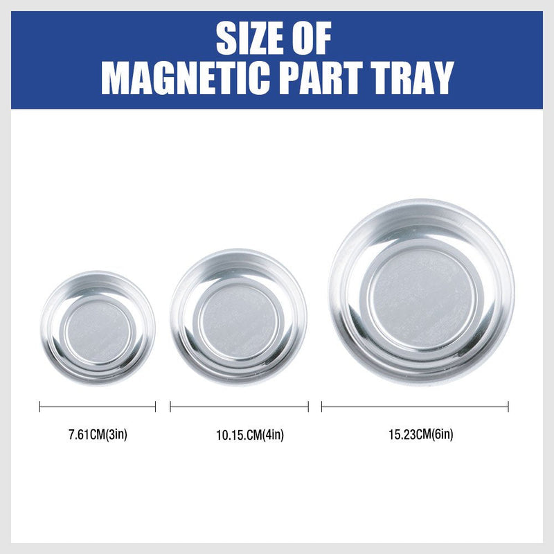 HORUSDY Magnetic Tray | 3-Piece | Round Magnetic Parts Tray | 3 Inch 4 Inch 6 Inch Magnetic Tray for Mechanic's | Stainless Steel Silvery