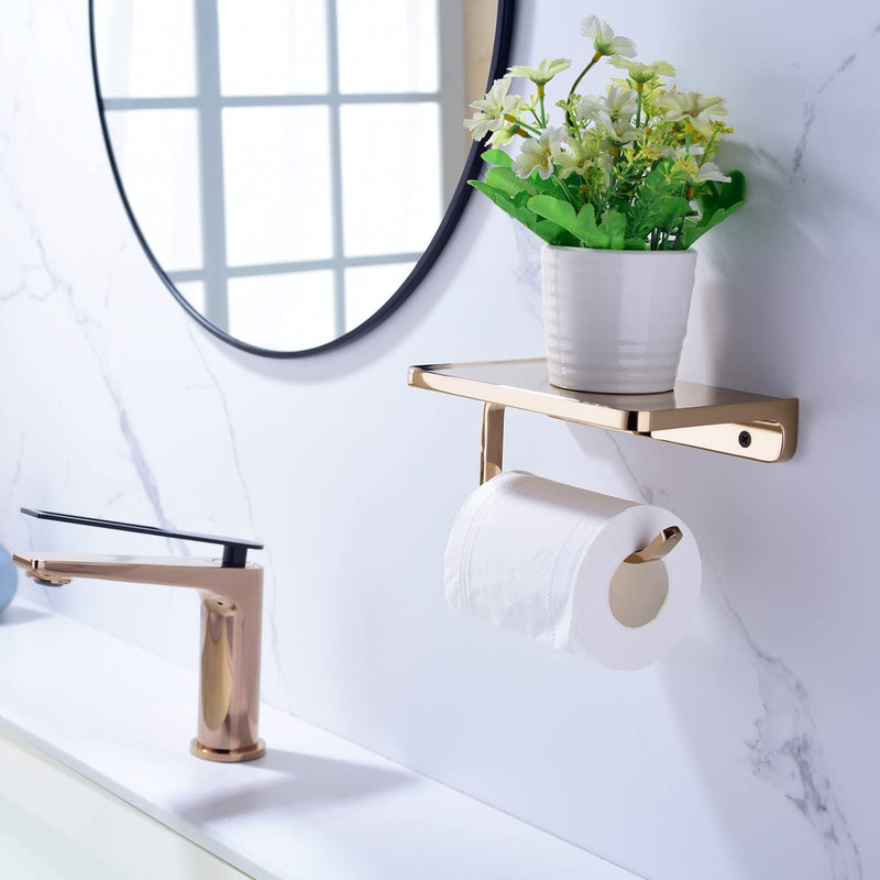 TRUSTMI Toilet Paper Holder with Phone Shelf, Bathroom Accessories Tissue Roll Dispenser Storage Wall Mounted, Plated Rose Gold 7.1" x 4.3"