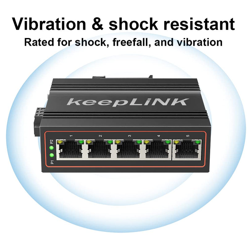 5-Port Industrial Ethernet Switch, Unmanaged 10/100Mbps DIN-Rail Network Switch, IP40, Operating Temperature Range of -30°C– 75°C (-22°F – 167°F) 5 port switch