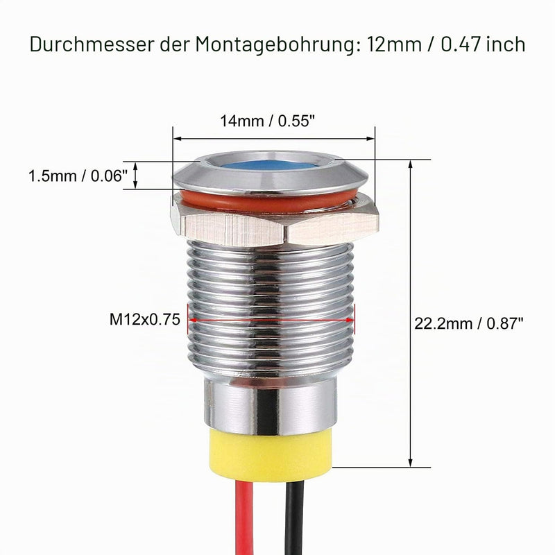 RUNCCI-YUN Pack of 5 12V-24V 12 mm 1/2 Inch LED Metal Indicator Light Waterproof Signal Lamp LED Panel Installation Indicator Light (Green × 1 Yellow × 1 Red × 1 Blue × 1 White × 1)
