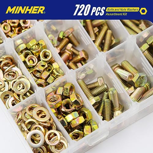 MINHER M4 M5 M6 Bolts and Nuts Assortment Kit 720PCS Hex Screws Nuts & Washers Set M4, M5, M6 (720PCS)