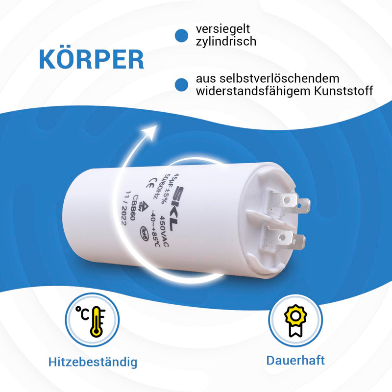 VIOKS Capacitor CBB60 Motor Capacitor 45µF 450V Universal Starting Capacitor Capacitor Motor with 6.3mm AMP plug-in tabs and M8 mounting screw for electrical household appliances 45.00 µF
