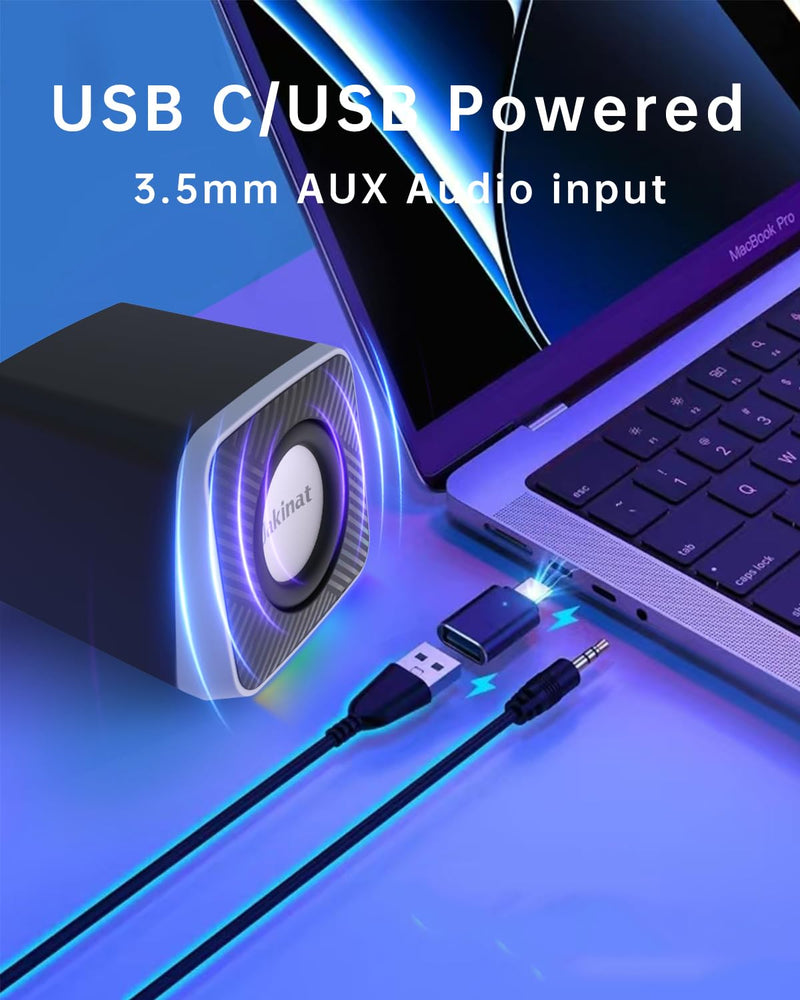 PC Speakers 2"–3W Carbon Fiber Computer Speaker for Desktop or Laptop PC,USB C/USB-Powered,Crystal Clear Sound,Rich Bass,Loud Volume,Direct Control,Plug-N-Play,Black-Silver