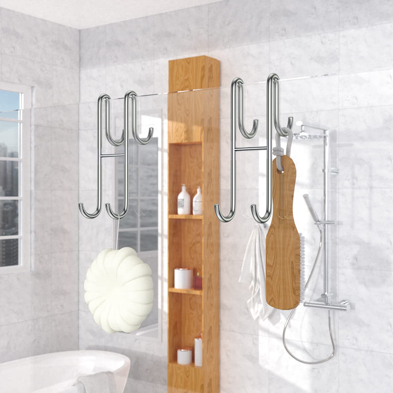 Over Shower Glass Door Hook, 2 Pack Silver 304 Stainless Steel Extended Shower Door Hooks, Bathroom Frameless Drilling-Free Hanger, Double Side Towel Hooks, for Bathing Suits, Robe, Loofah, Shaver 2PC