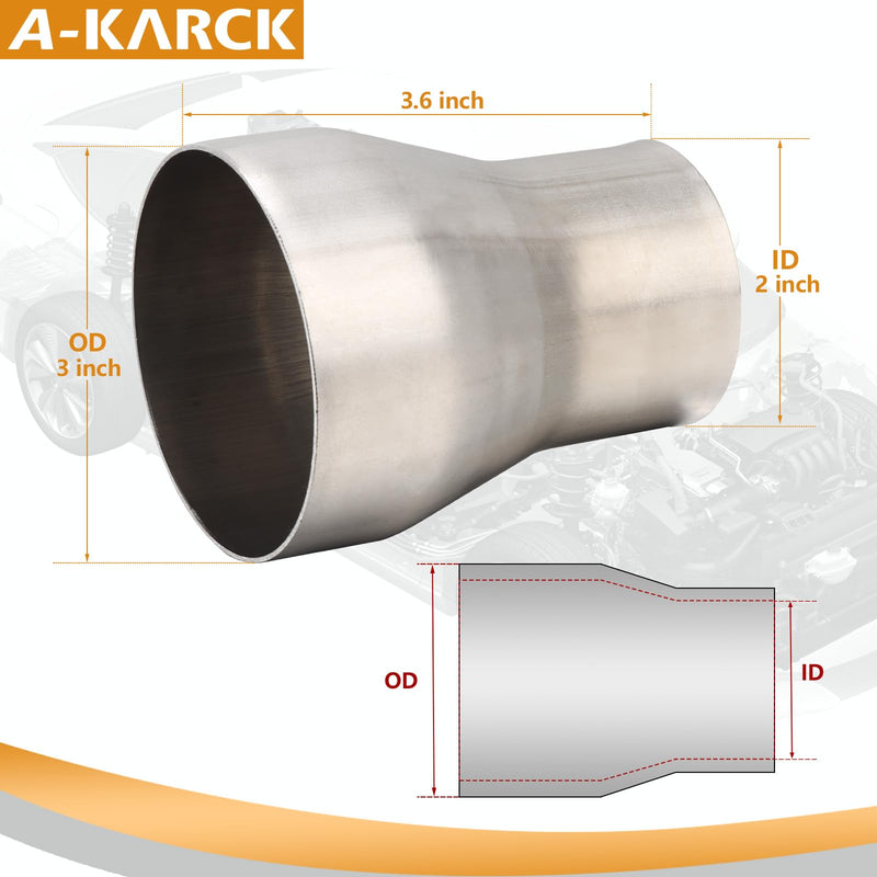 A-KARCK Stainless Steel Exhaust Adapter 2" ID to 3" OD, Exhaust Pipe Reducer 3.6" Overall Length ID 2'' to OD 3''