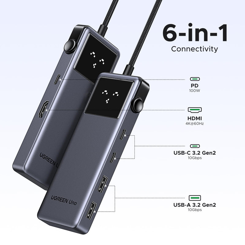 UGREEN Uno 6 in 1 USB-C Hub with 10Gbps USB-C & USB-A Data Ports 4K@60Hz HDMI for MacBook Pro/Air, iPad Pro, Surface, XPS, Thinkpad and More.