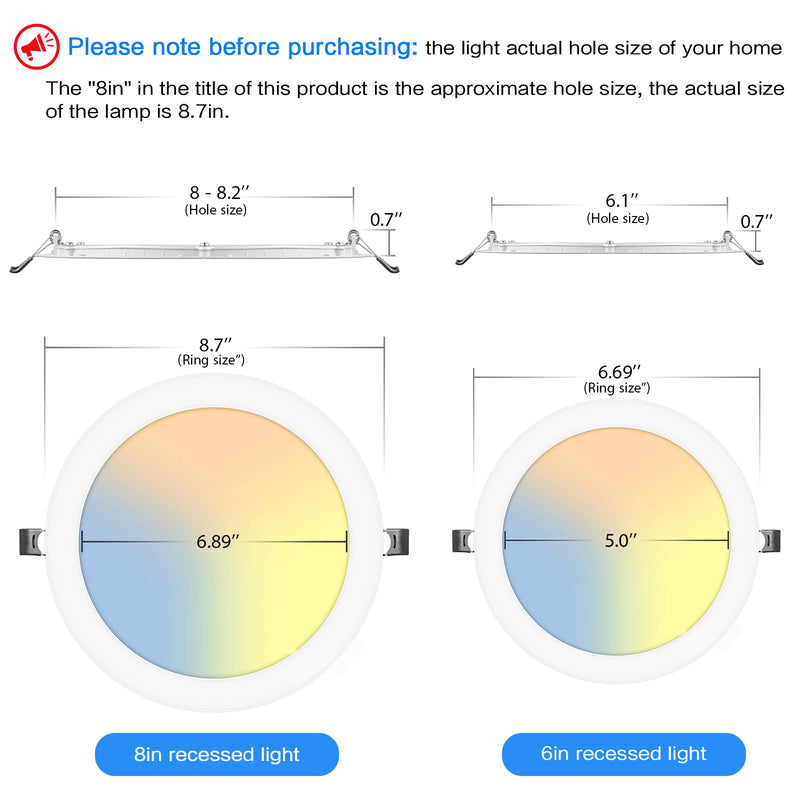 LZHOME 2 Pack 8 Inch LED Recessed Light- Ultra-Thin Recessed Ceiling Lighting with Junction Box, 3000K/4500K/6000K Selectable, 1800LM High Brightness, Dimmable Canless Downlight Fixtures 2 Packs 3CCT-3000K/4500K/6000K
