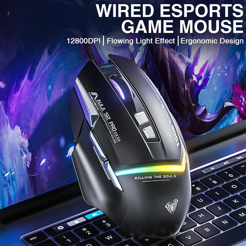 AULA S12Pro White Wired Gaming Mouse,12800 DPI Optical Gamer Mouse with RGB Backlit,8 Programmable Buttons,Software Supports DIY Keybinds Rapid Fire Button S12Pro-white
