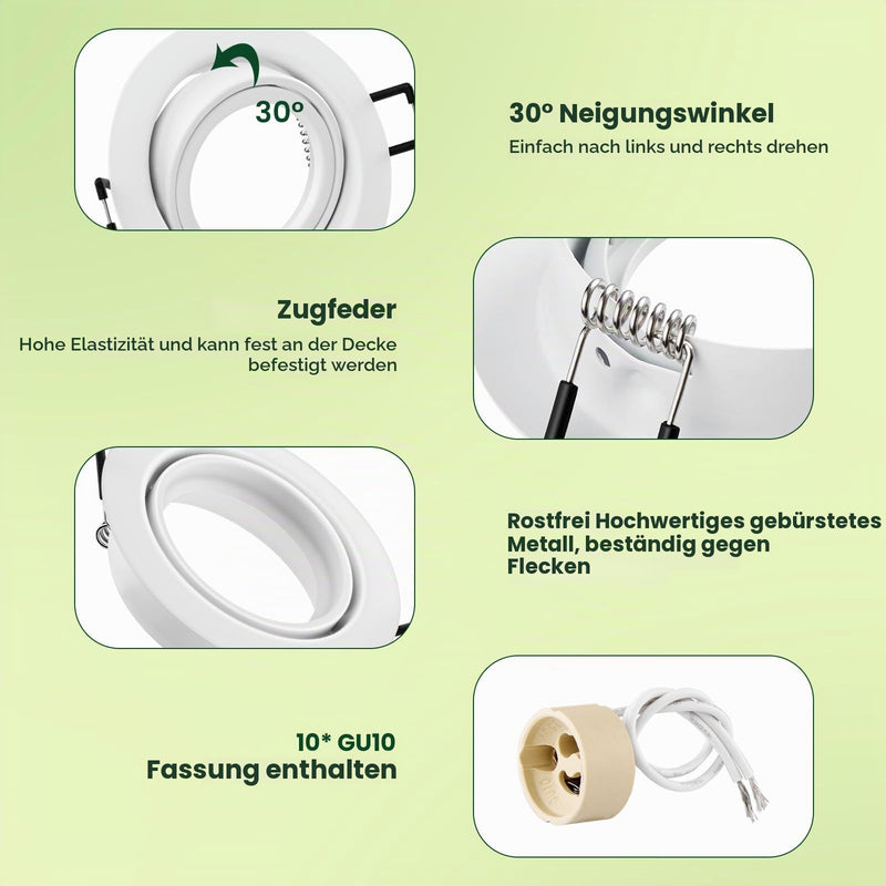 Set of 10 Recessed Spotlights LED Frame Diameter 68 mm GU10 Ceiling Spotlights Including GU10 Socket, 30° Swivelling Mounting Frame LED Spotlights 230 V for Recessed Lighting White