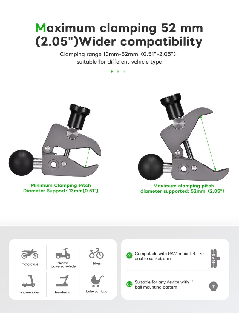 FANAUE CC-04F Anti-theft Handlebar Base Mount Strong Rod Clamp with 1 Inch Ball Head for Rails 0.5" to 2.0" Diameter, Compatible with RAM Mounts B Size Double Socket Arm & Bike Motorcycle Phone Holder