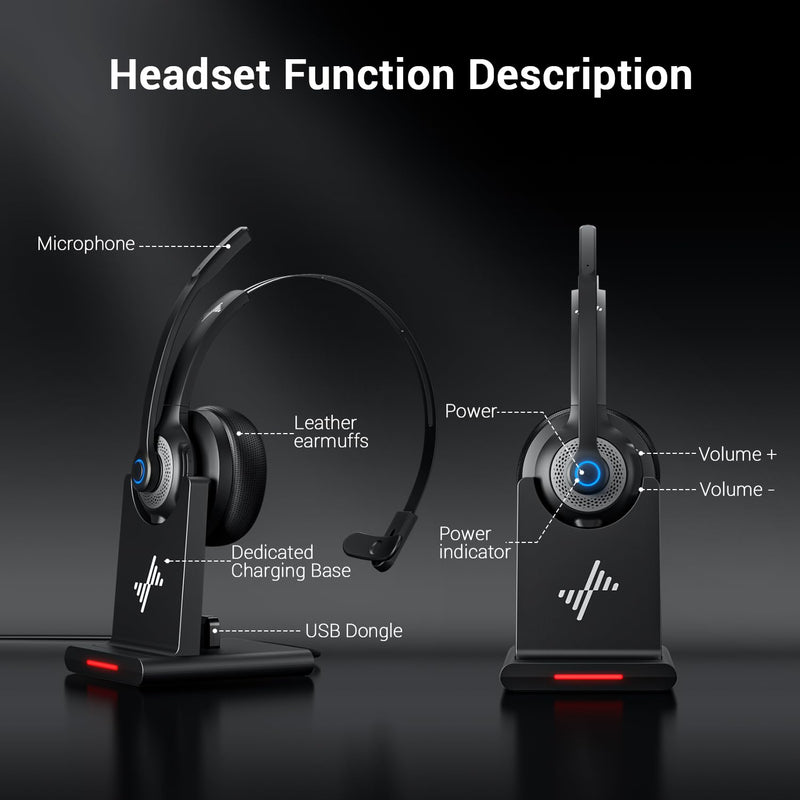 Bluetooth Headset - Wireless Headset with Noise Cancelling Microphone, V5.2 Computer Headphones with USB Dongle, Charging Base & Mic Mute for Work/Call Center/PC/Laptop/Online Class/Zoom Black