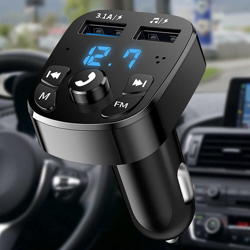 Bluetooth MP3 with FM Transmitter Adapter,Wireless Music Radio Receiver Car Charger | Play Music + Handsfree Call + Charger | 2 USB Ports,Support TF Card/U-Disk(with Ambient Light & USB C Converter)