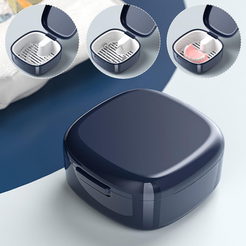 Denture Box with Strainer, Portable Denture Box Cover for Dentures and Braces with Removable Soaking Basket | Rinses and dries dentures without hand contact. Lightweight for handbag or toiletry bag. Protects braces from dust...