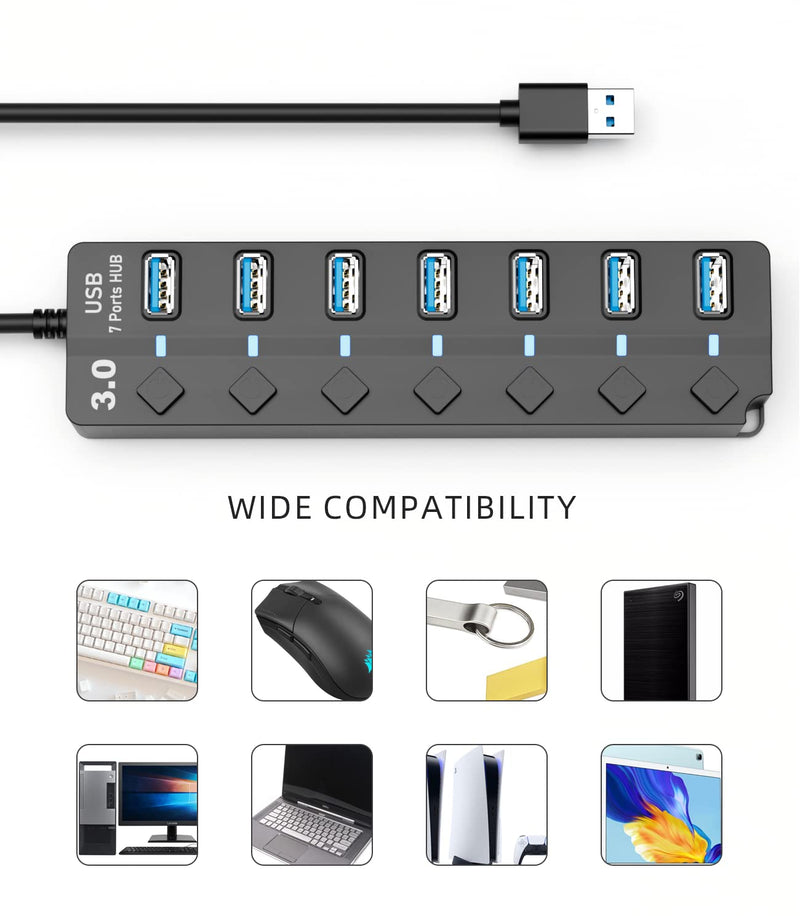 USB Hub 3.0, Eanetf 7 Port USB hub with LED Individual On/Off Switches and Extended Long Cable for MacBook, Mac Pro, Mac Mini, iMac, Surface Pro, XPS, PC