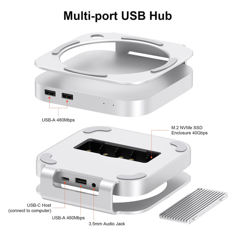 Qwiizlab 40Gbps Mac mini M4/M4 Pro Stand Hub with USB4 NVMe SSD Enclosure, USB-C Host, 3 USB-A 2.0, 3.5mm Audio, Supports M.2 PCIe up to 8TB, Compatible with Thunderbolt 4/5