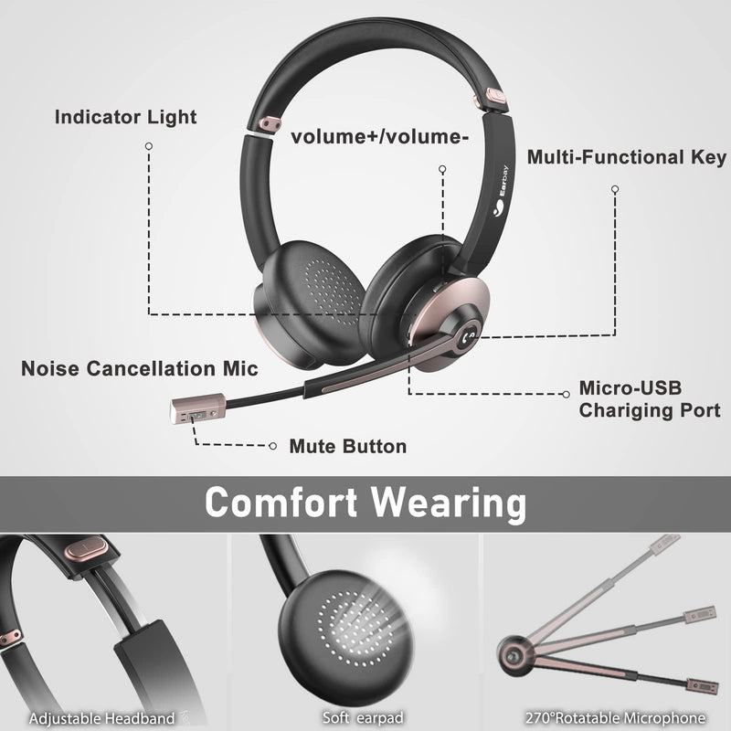 Earbay Wireless Headset, Bluetooth Headsets with Microphone Noise Cancelling, On Ear Headphones with Mic Mute, Handsfree PC Headsets for Zoom/Ms Teams/Skype/Dual Connect/Laptop/iPhone/Tablet Gold