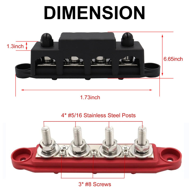 Power Distribution Block 12V Bus bar 5/16" 275A M8 Bus Bar Terminal Block 4 Post Junction Block Max 48V Battery Distribution Block With Cover For Car, Marine and Solar Wiring (Pair, Positive&Negative) 5/16"