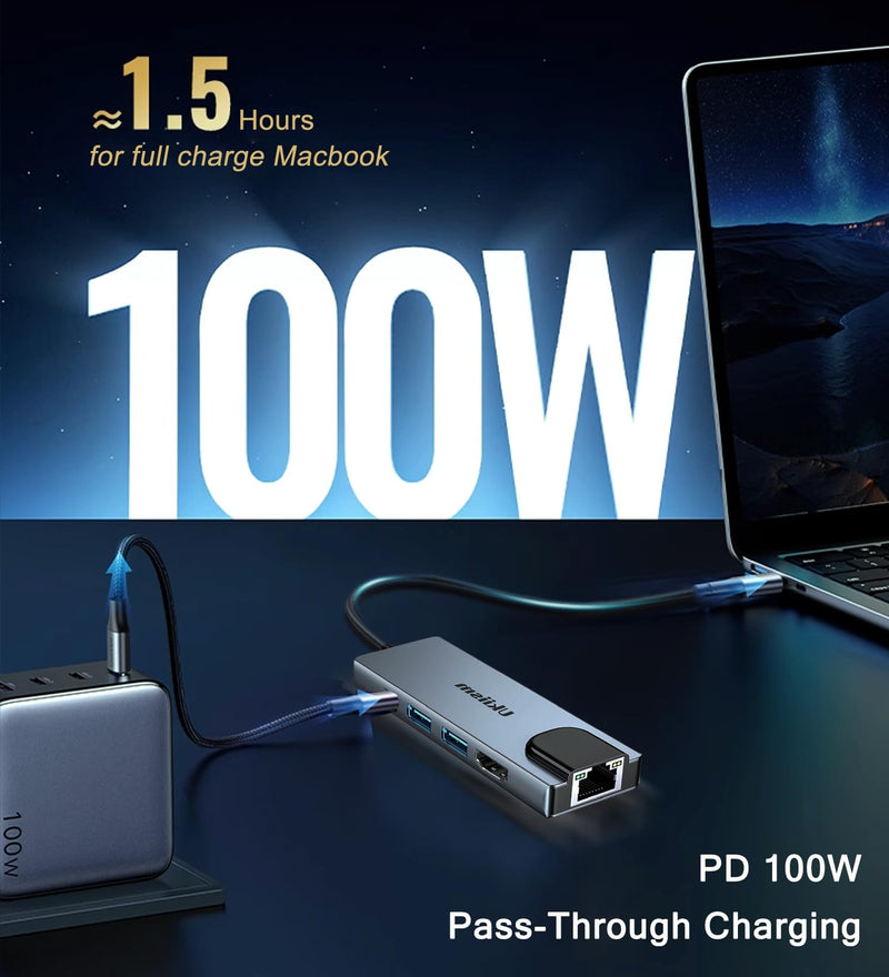 USB C Hub Ethernet HDMI Adapter,5 in 1 Docking Station with 4K HDMI, RJ45 Ethernet, USB 3.0/2.0, PD 100W, USB C, LAN Dongle for MacBook Pro/Air, iPad Pro, XPS, etc 5-in-1