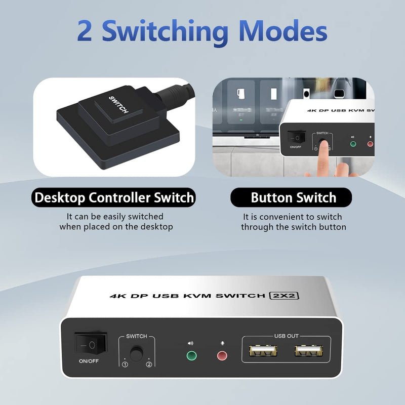 DisplayPort KVM Switch Dual Monitors for 2 Computers 4K@60Hz 2 in 2 Out Displayport KVM Switch with Audio Microphone Output and 3 USB Ports, Keyboard Mouse Displayport Dual Monitor KVM