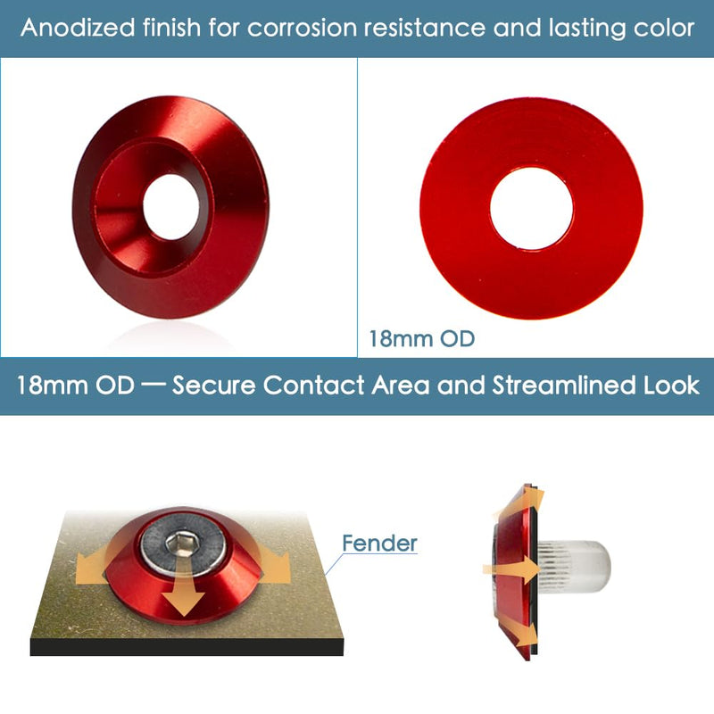 M6 18mm Red Tapered Aluminum Washer Bolt Kit for Widebody Fender Flares | 48-set · engine bay dress-up · bumpers · mud flaps · 3.5mm thick · bolts + rivet nuts · rubber spacers · CNC machined