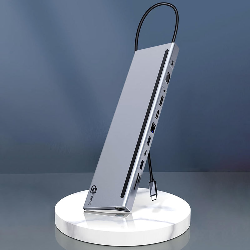 USB C Hub, 12-in-1 Multi-Port Laptop Docking Station with 4K HDMI, DP, VGA,100W Power Delivery, USB C Data, USB A, Gigabit Ethernet, SD, MicroSD, 3.5mm Port for MacBook Pro, Air and More