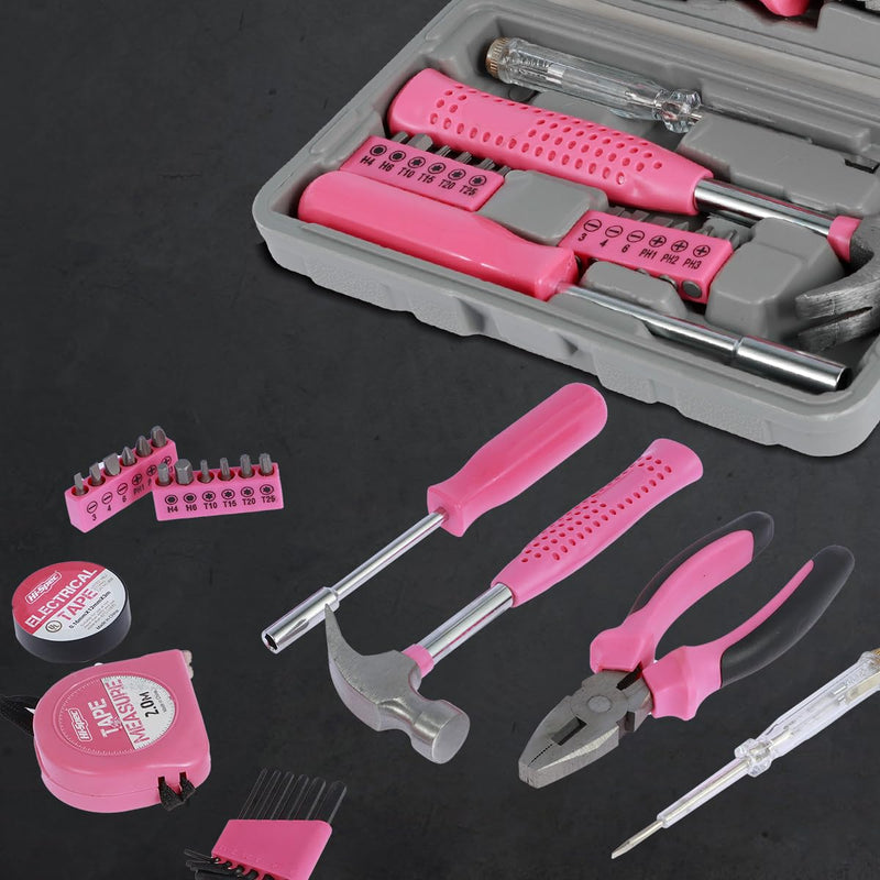 48Pcs Household Repair Tool Kit Multi-Purpose Pink Home Hand Tool Set with Case Hammer and Allen Key Set with Electrical Tape Screwdriver Test Pen Plier Bits 48