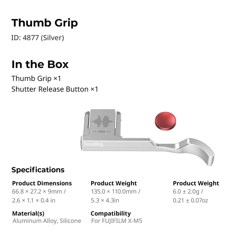 SmallRig Thumb Grip with Hot Shoe Cover for FUJIFILM X-M5 (Silver) - 4877 Silver
