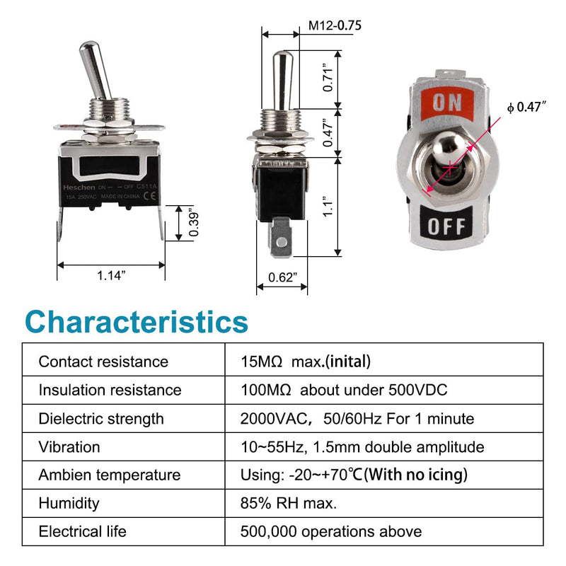 Heschen metal toggle switch, C511A, SPST, continuous light, ON/OFF 2 positions, 15A 250VAC, 2 flat plugs, CE