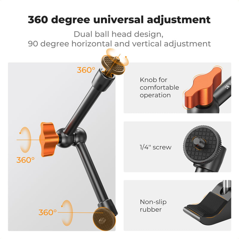 K&F CONCEPT 9.8" Magic Arm Clamp Kit with 1/4" & 3/8" Thread Screw 360° Ball Heads Articulating Magic Arm Camera Mount for DSLRs, Monitor, Flash, LED Light, Microphone, Camera Cage, Action Camera 9.8" with Clamp