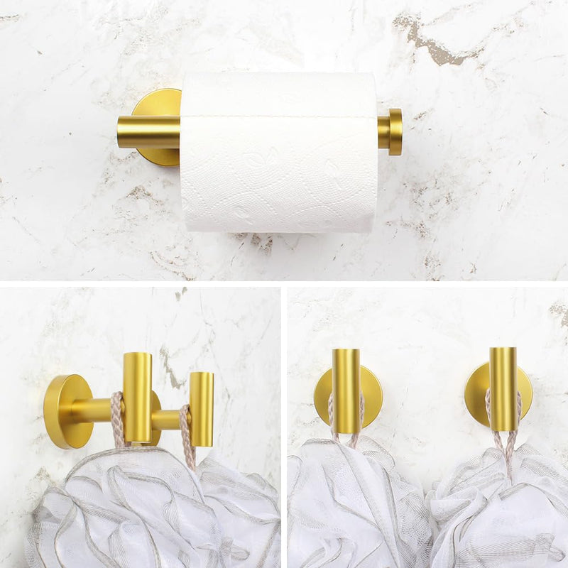 3-Pieces Bathroom Hardware Set Gold Stainless Steel Wall Mounted - Includes Toilet Paper Holder, 2X Robe Towel Hooks