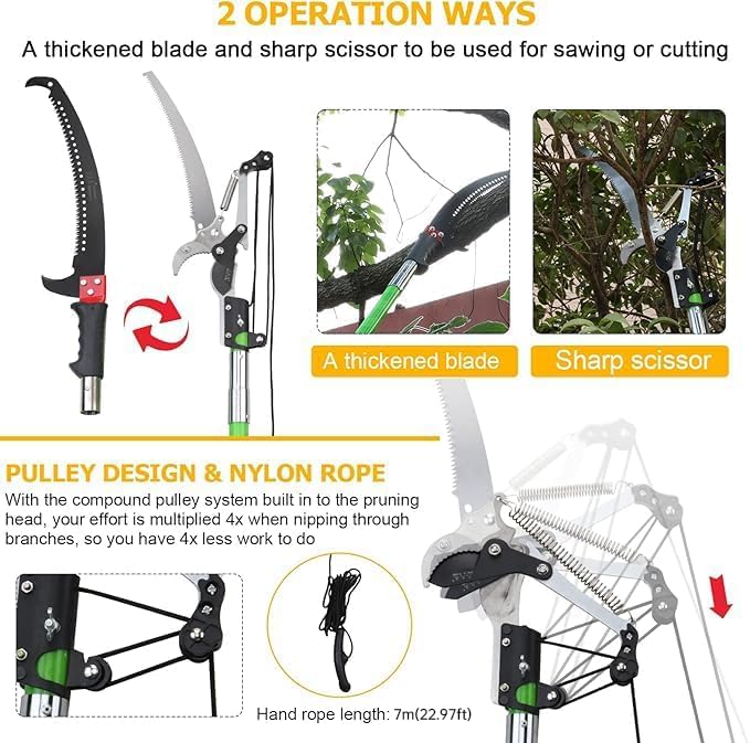 27 Feet Tree Pole Pruner Manual Branches Trimmer Tree Branch Garden Tools Loppers Hand Pole Saws Extendable Height Adustable System for Sawing and Shearing 27FT
