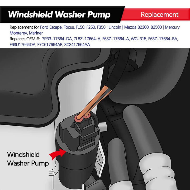 Windshield Washer Pump w/Grommet Replacement for Ford Escape, Focus, F150, F350, Mazda B2300, B2500 Mercury Monterey, Mariner Replaces OEM 7R33-17664-DA, 7L8Z-17664-A, F6SZ-17664-A