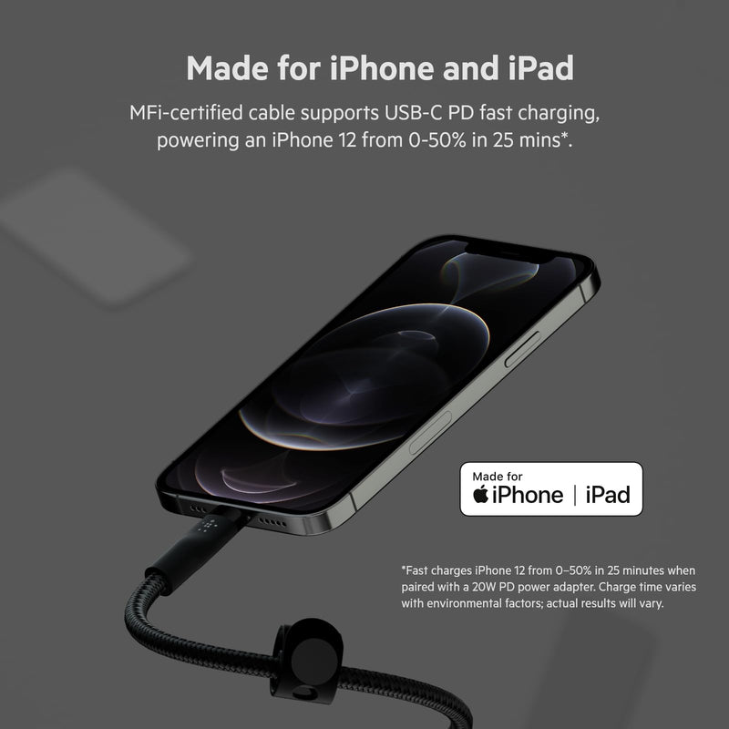 Belkin BoostCharge Pro Flex Braided USB Type C to Lightning Cable (3M/10ft), MFi Certified 20W Fast Charging PD Power Delivery for iPhone 14, iPhone 13, 12, 11, Pro, Max, Mini, SE, iPad - Black 9.9 ft