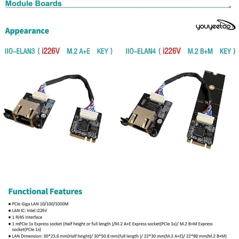 youyeetoo i226-V Gigabit 2.5G Ethernet Server NIC Card - M.2 Interface for Enhanced Network Speeds,Support youyeetoo X1 X86 SBC, 10/100/1000/2500 Mbps RJ45 LAN (M.2 A + E Key,15CM) M.2 A + E Key 15CM