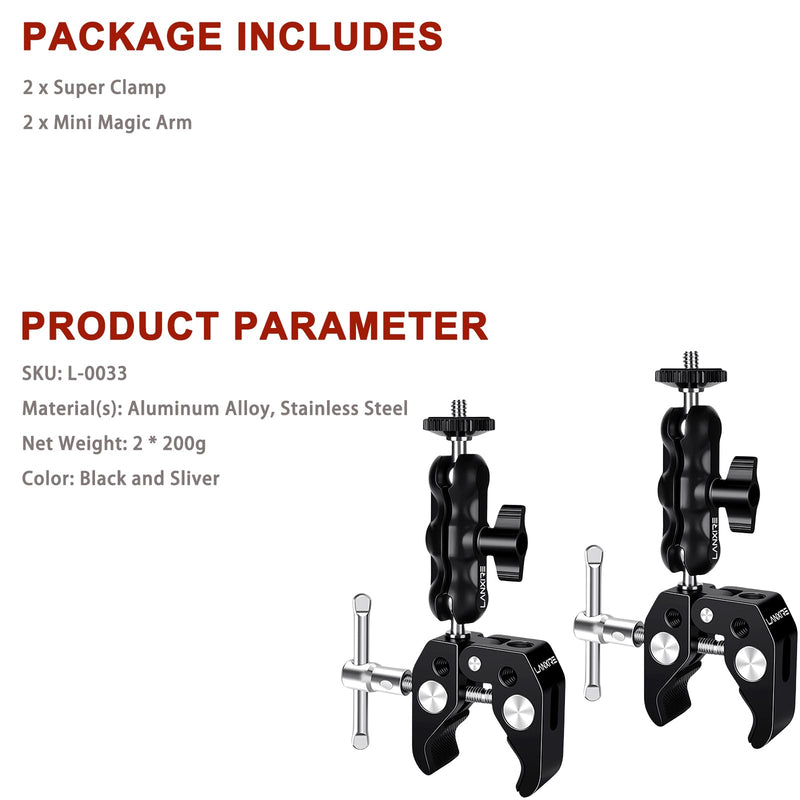 Camera Mount Clamp with Double Ball Head Adapter - 2 Pack. Compatible with LED Lights, Gopro, Insta360, DJI Action, Ronin-M, Ronin MX. 360° Ballhead and 1/4’’ + 3/8’’ Thread Hole.