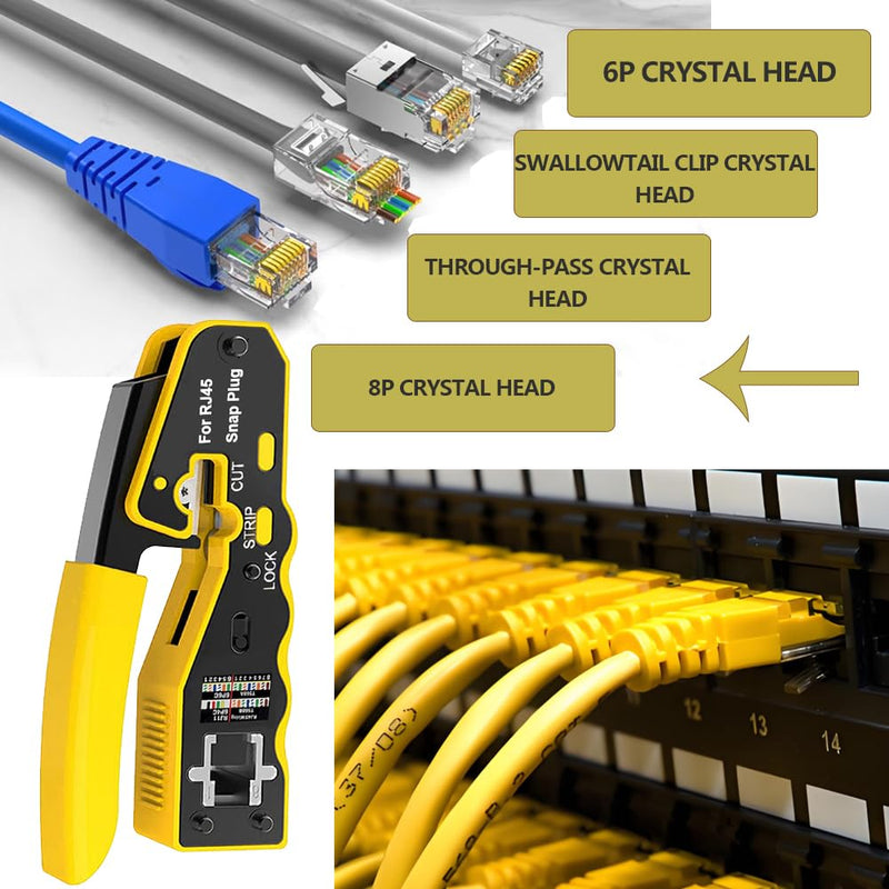 LEATBUY CAT6 Crimp Tool Kit for RJ45 CAT5, Professional Network Crimper Wire Connector Stripper Cutter, Computer Maintenance Lan Cable Pliers Tester Repair Punch Down Tool Set(YELLOW) Yellow