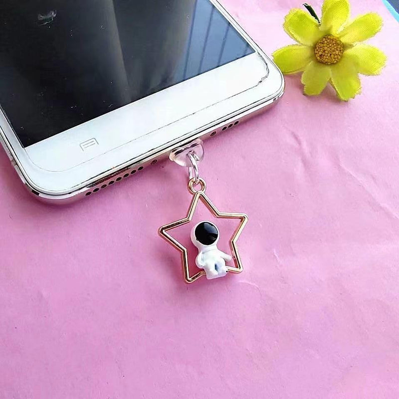 Dust Plug Charm Cute Astronaut Earphone Jack Stopper Cap Pendant Anti Dust Plug Kawaii USB Type-C Plug Cell Phone Anti-Dust Plugs for iPhone Charge Port (Star)