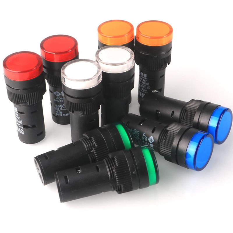 GUUZI 12V/24V 20mA Energy Saving LED Indicator Light Hole Size 16mm Green/Yellow/Red/Blue/White (Pack of 10) Green, Yellow, Red, Blue, White