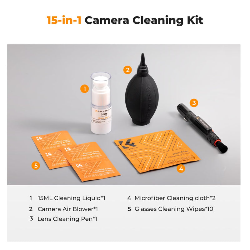 K&F Concept 15-in-1 Camera Lens Cleaning Kit with Camera Blower, Glasses Wipes*10, Cleaning Liquid, Microfiber Cleaning Cloth*2, Lens Cleaning Pen for DSLR Camera Lens Filter Cell Phones 15-1 Kit
