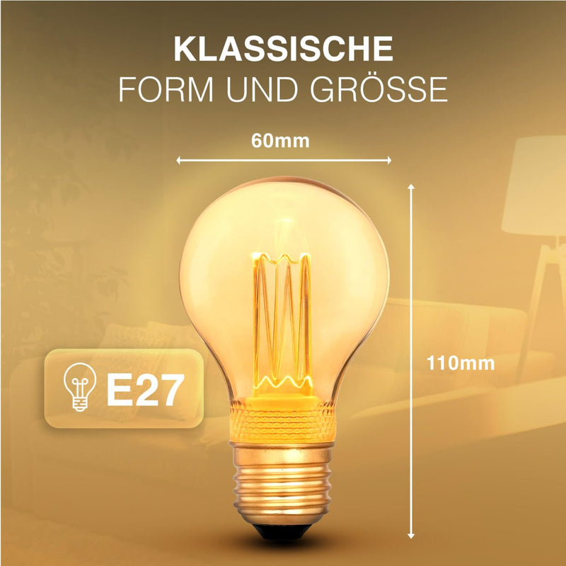 Greenandco® Vintage Design LED Bulb for Mood Lighting, E27 A60 Edison Light Bulb, 2 W 65 lm 1800 K Gold Extra Warm White, 320°, 230 V, Flicker-Free, Not Dimmable 1 pc.