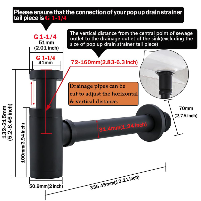 RANDOM Brass Contemporary Round Bottle P Trap 1 1/4,Basin Sink Waste Drain P Trap Kit (Matte Black) Matte Black