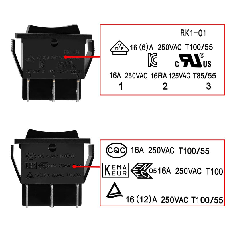 Heschen Toggle Switch On-Off-On DPDT 6 End Points 16A 250VAC Black Pack of 2