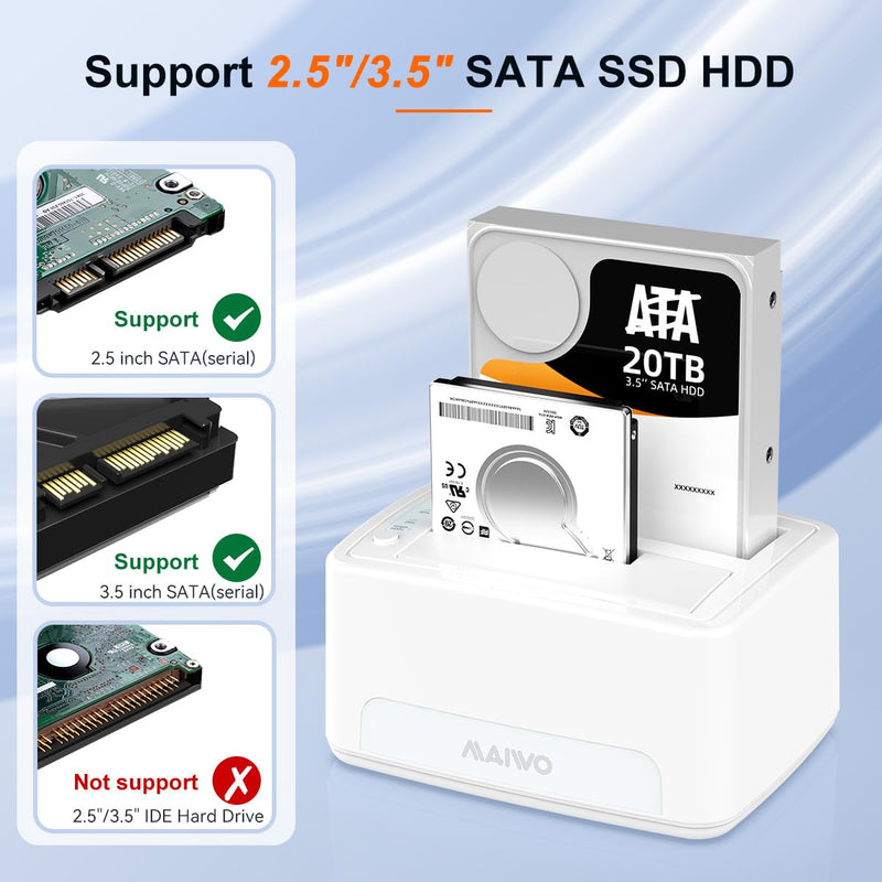 MAIWO Dual Bay Hard Drive Docking Station with Offline Clone, SATA Cloner Dock for 2.5 and 3.5 inch HDDs and SSDs, 40TB Expansion,UASP Supported,White