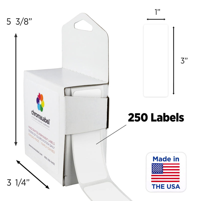ChromaLabel 1 x 3 Inch All Purpose Permanent Color Code Rectangle Labels, 250 Labels per Dispenser Box, White 1" x 3"